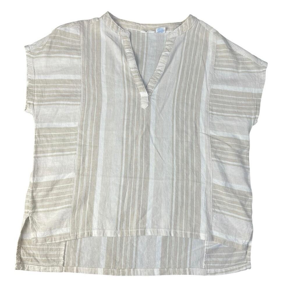 Sigrid Olsen Women’s Small Striped Linen Blend Pullover V-Neck Top